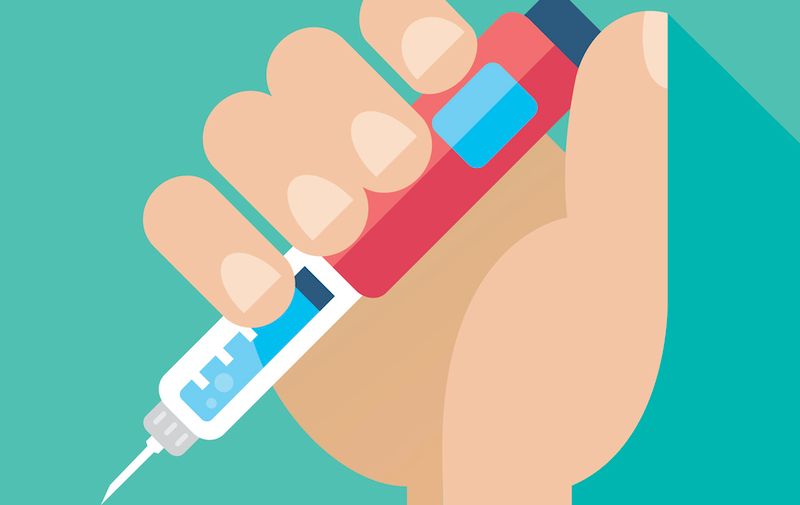 Diabetes flat icon set - Hand holding Insulin Injection Pen. Set with Insulin vial, syringe needle and pen on suare backgrounds.