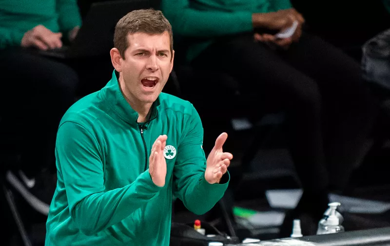 Boston Celtics Brad Stevens reacts during the first half of Game 1 of an NBA basketball first-round playoff series against the Brooklyn Nets Saturday, May 22, 2021, in New York. (AP Photo/Corey Sipkin)