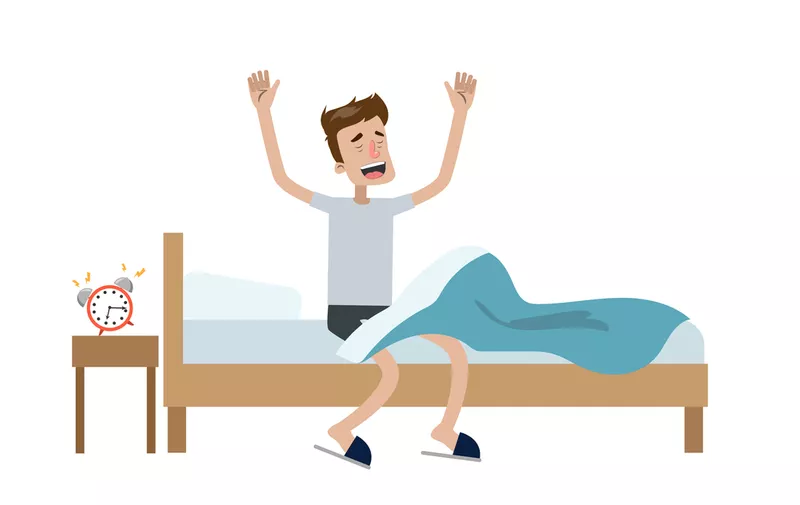 Man waking up in the bed and stretching.,Image: 394186856, License: Royalty-free, Restrictions: , Model Release: yes