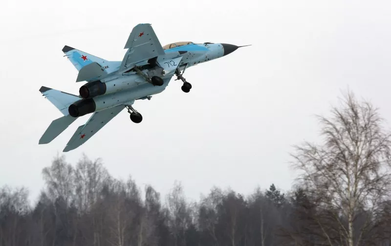 A Russian multipurpose jet fighter MiG-35 flies during its presentation at the MiG plant in Lukhovitsy on January 27, 2017. - The MiG-35 jet fighter is a further development of the MiG-29. (Photo by AFP)