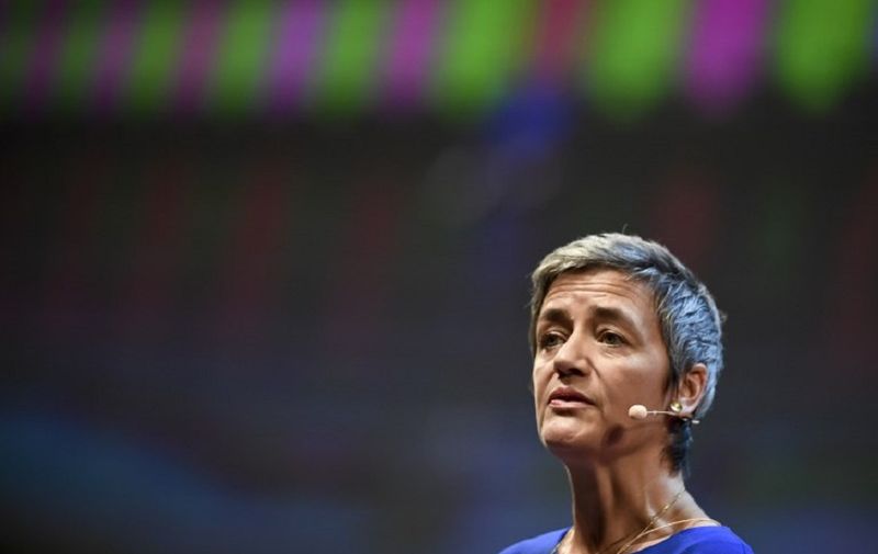 European Commissioner for Competition Margrethe Vestager delivers a speech during the 2017 Web Summit in Lisbon on November 7, 2017. 
Europe's largest tech event Web Summit will be held at Parque das Nacoes in Lisbon from November 6 to November 9.  / AFP PHOTO / PATRICIA DE MELO MOREIRA