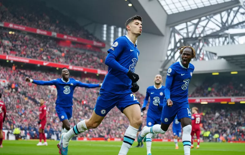 Chelsea's Kai Havertz celebrates after scoring his side's first goal which was disallowed for offside after a VAR analysis during the English Premier League soccer match between Liverpool and Chelsea at Anfield stadium in Liverpool, England, Saturday, Jan. 21, 2023. (AP Photo/Jon Super)