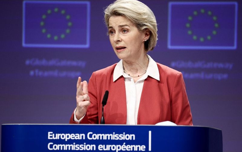 European Commission President Ursula von der Leyen speaks during a press conference on the Global Gateway at the EU headquarters in Brussels, on December 01, 2021. (Photo by Kenzo TRIBOUILLARD / AFP)