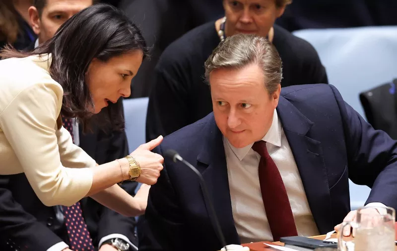 British Foreign Secretary David Cameron (R) talks with German Foreign Minister Annalena Baerbock prior to the UN General Assembly meeting on the "temporarily occupied territories of Ukraine" marking the second anniversary of the Russian invasion, at the UN Headquarters in New York City on February 23, 2024. (Photo by Charly TRIBALLEAU / AFP)