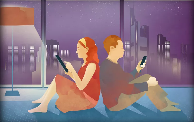 Illustration of couple using mobile phone and digital tablet at home, Image: 187816623, License: Rights-managed, Restrictions: , Model Release: no, Credit line: Profimedia, Fanatic Studio
