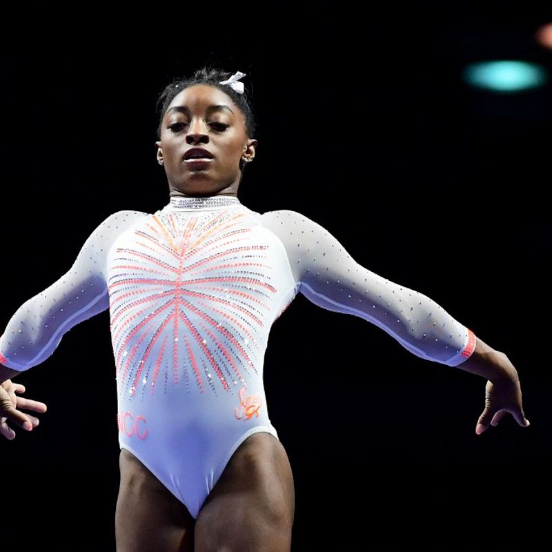 INDIANAPOLIS, INDIANA - MAY 22: Simone Biles competes on the beam during the 2021 GK U.S. Classic gymnastics competition at the Indiana Convention Center on May 22, 2021 in Indianapolis, Indiana.   Emilee Chinn/Getty Images/AFP (Photo by Emilee Chinn / GETTY IMAGES NORTH AMERICA / Getty Images via AFP)