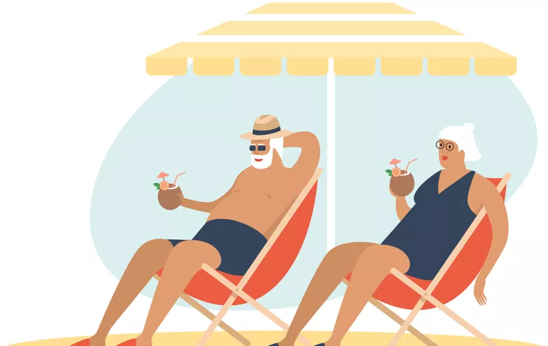 Old senior couple enjoying a coconut cocktail on the beach under parasol together. Carefree retirement, travel, tropical vacation, summer tourism concept. Flat vector character