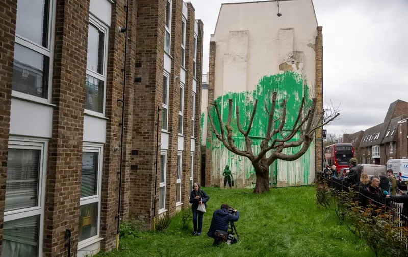 LONDON, UNITED KINGDOM - March 18: A new tree mural artwork is seen on a building that has been confirmed to be the work of the artist Banksy at Finsbury Park in London, United Kingdom on March 18, 2024. The artwork has been painted in front of a cut down tree to look like green foliage also matching the green used by Islington Council for signs. Stringer / Anadolu (Photo by STRINGER / ANADOLU / Anadolu via AFP)
