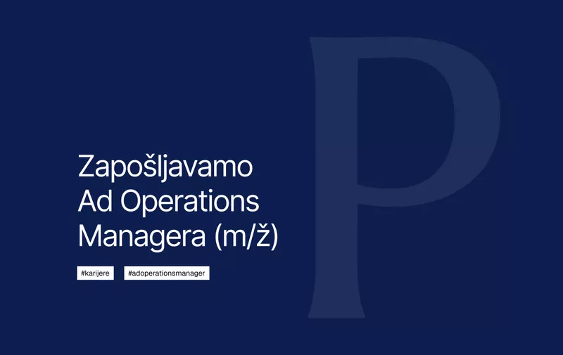 Plavi oglas za zapošljavanje s natpisom tražimo Ad Operations Managera muško žensko s hashtagovima karijere i adoperationsmanager