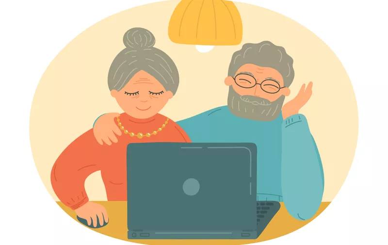 Seniors couple video conference on laptop. Grandparents stay at home. Vector illustration.
