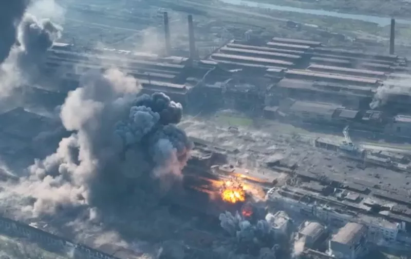 Image from footage released by the Internal Affairs ministry of the self-proclaimed pro-Russia Donetsk People's Republic on Wednesday May 4, 2022 purportedly shows bombs shelling at the besieged Azovstal complex in Mariupol, as Russia intensifying strikes on wiping out remaining Ukrainian forces at the steel plant which is the last holdout of Ukraine soldiers in the southern port city. Petro Andriushchenko, an adviser to the Mariupol mayor, said intense attacks and non-stop shelling continued on the steel plant overnight into Thursday.,Image: 688837161, License: Rights-managed, Restrictions: , Model Release: no, Credit line: Profimedia