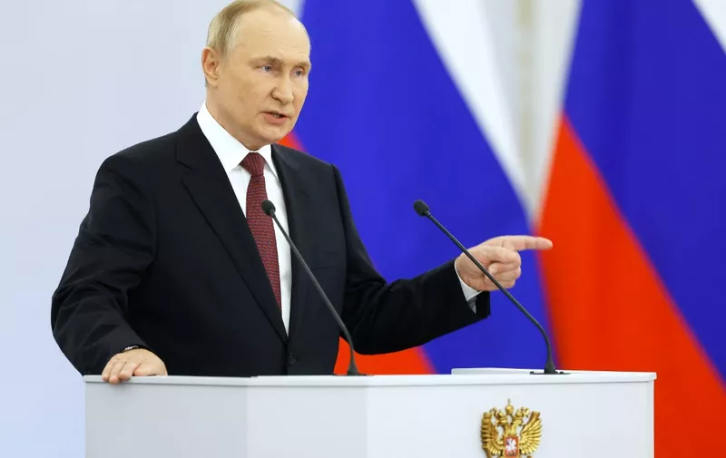 Russian President Vladimir Putin gives a speech during a ceremony formally annexing four regions of Ukraine Russian troops occupy - Lugansk, Donetsk, Kherson and Zaporizhzhia, at the Kremlin in Moscow on September 30, 2022. (Photo by Dmitry ASTAKHOV / SPUTNIK / AFP)
