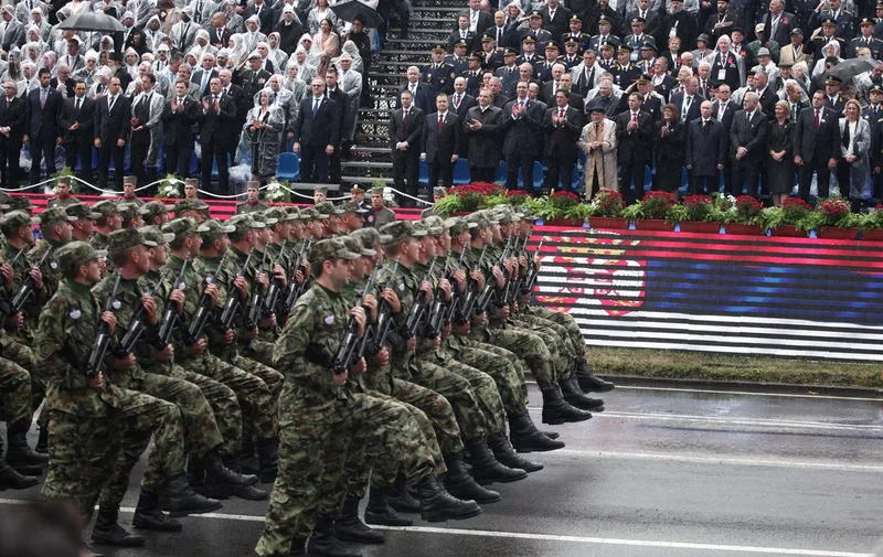 BELGRADE, Oct. 16, 2014  Grand military parade is presented during the ceremony of Serbian 70th anniversary since the liberation of its capital in the Second World War in Belgrade, Serbia, on Oct. 16, 2014. With a grand military parade and presence of Russian President Vladimir Putin, Serbia celebrated the 70th anniversary since the liberation of its capital in the Second World War on Thursday. .,Image: 208378786, License: Rights-managed, Restrictions: , Model Release: no, Credit line: Profimedia