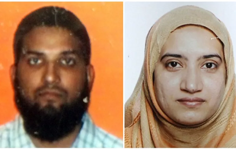 In this combo photo shows the two suspects in the December 2, 2015, mass shooting in San Bernardino, California,  (LEFT) an undated Student ID card photo from California State University, Fullerton, shows Syed Farook, the card was found in the Farook's apartment after the landlord allowed entry to members of the media on December 4, 2015. (RIGHT) In this undated handout photo released by the FBI on December 4, 2015, shows a picture of Tashfeen Malik.  The mass shooting in California, that killed 14 and wounded 21 others, is being investigated as "an act of terrorism," the FBI said, amid reports the female assailant had pledged allegiance to the Islamic State group on Facebook. US-born Syed Farook, 28, and his 27-year-old Pakistani wife Tashfeen Malik were killed in a firefight with police hours after the attack, leaving investigators to comb through their belongings to try to determine a motive.    AFP PHOTO/ HO
== RESTRICTED TO EDITORIAL USE / MANDATORY CREDIT: "AFP PHOTO/ HO" / NO SALES / NO MARKETING / NO ADVERTISING CAMPAIGNS / DISTRIBUTED AS A SERVICE TO CLIENTS == / AFP / -