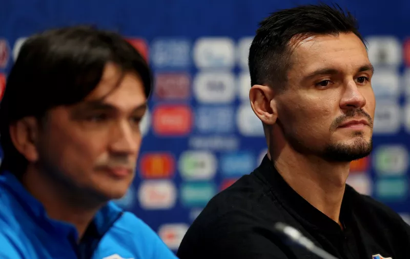 MOSCOW, RUSSIA - JULY 10:  Dejan Lovren of Croatia speaks to media during the Croatia Press Conference at the Luzhniki Stadium on July 10, 2018 in Moscow, Russia.  (Photo by Clive Rose/Getty Images)