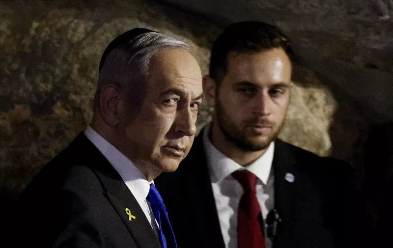 Israeli Prime Minister Benjamin Netanyahu attends a wreath-laying ceremony marking Holocaust Remembrance Day for the six million Jews killed in World War II, at the Yad Vashem Holocaust Memorial in Jerusalem on May 6, 2024. (Photo by AMIR COHEN / POOL / AFP)