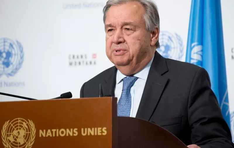 This handout picture provided by United Nations shows Secretary General Antonio Guterres addressing a press conference closing peace talks in the Swiss resort of Crans-Montana on July 7, 2017.
Marathon talks aimed at ending Cyprus's drawn-out conflict sputtered out early Friday without a deal, despite valiant efforts from the UN chief to jumpstart the process.
Cyprus is one of the world's longest-running political crises and the UN-backed talks that began in the Swiss Alpine resort of Crans-Montana on June 28 had been billed as the best chance to end the island's 40-year division.  / AFP PHOTO / United Nations / STR / RESTRICTED TO EDITORIAL USE - MANDATORY CREDIT "AFP PHOTO / United Nations" - NO MARKETING NO ADVERTISING CAMPAIGNS - DISTRIBUTED AS A SERVICE TO CLIENTS - NO ARCHIVES