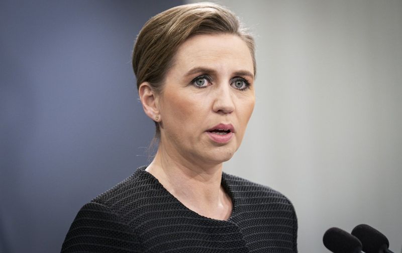 Denmark's Prime Minister Mette Frederiksen comments on developments in Iran and Iraq during a press conference in Copenhagen on January 8, 2020. (Photo by Niels Christian Vilmann / Ritzau Scanpix / AFP) / Denmark OUT