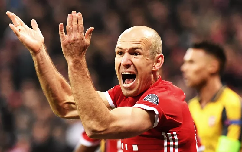 MUNICH, GERMANY - FEBRUARY 14: Arjen Robben of Munich reacts during the UEFA Champions League round of 16 soccer match between FC Bayern Munich and Arsenal London, at the Allianz Arena in Munich, Germany on February 15, 2016. Lukas Barth / Anadolu Agency, Image: 321114533, License: Rights-managed, Restrictions: , Model Release: no, Credit line: Profimedia, Abaca