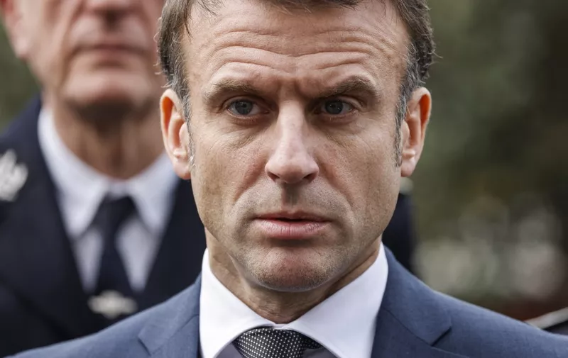 French President Emmanuel Macron speaks to the press after a visit of the Bordeaux police station, in Bordeaux, western France, on February 9, 2024. President Macron is in Bordeaux to swear in the new class of the Ecole Nationale de la Magistrature (National School for the Judiciary). (Photo by Ludovic MARIN / POOL / AFP)