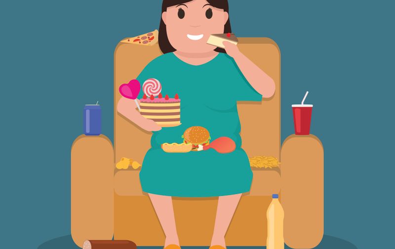Vector illustration concept unhealthy lifestyle, human laziness. Cartoon fatty wife sitting on couch and eat junk food. Fat woman obese on sofa. Flat style. Harmful food for health.