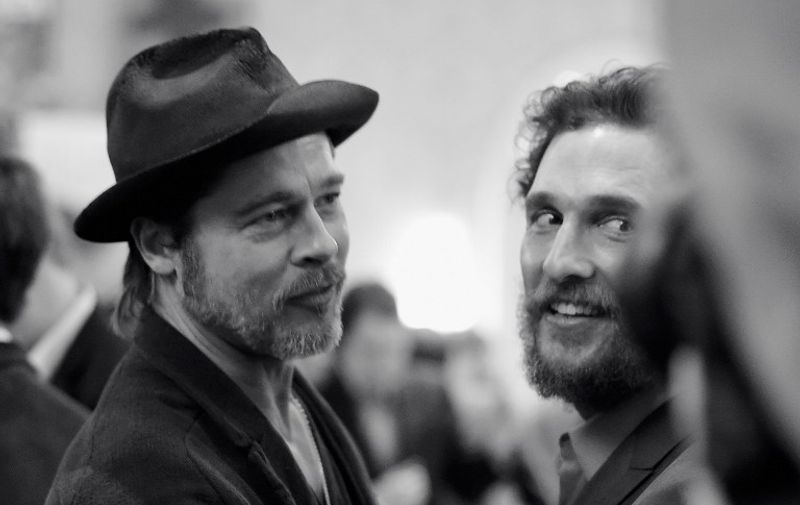 BEVERLY HILLS, CA - JANUARY 09: (EDITORS NOTE: IMAGE WAS SHOT IN BLACK AND WHITE) Actors Brad Pitt (L) and Matthew McConaughey attend the 15th Annual AFI Awards at Four Seasons Hotel Los Angeles at Beverly Hills on January 9, 2015 in Beverly Hills, California.   Frazer Harrison/Getty Images for AFI/AFP
