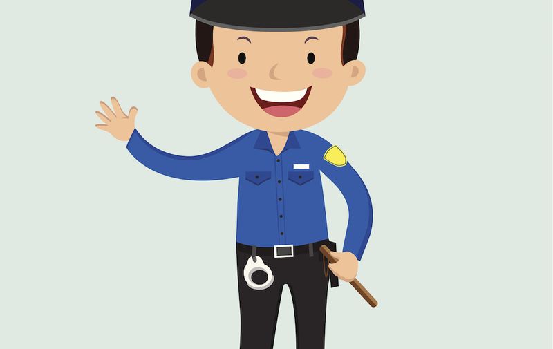 Vector illustration of a friendly police officer waving his hand.