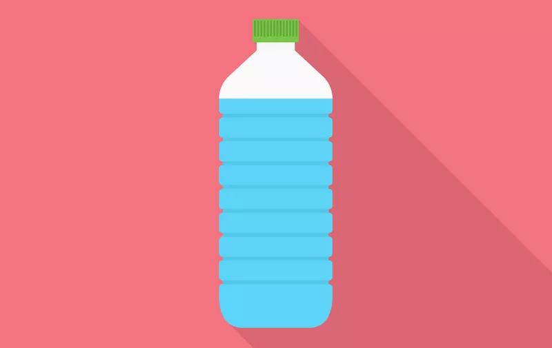 Water bottle icon with long shadow on pink background, flat design style