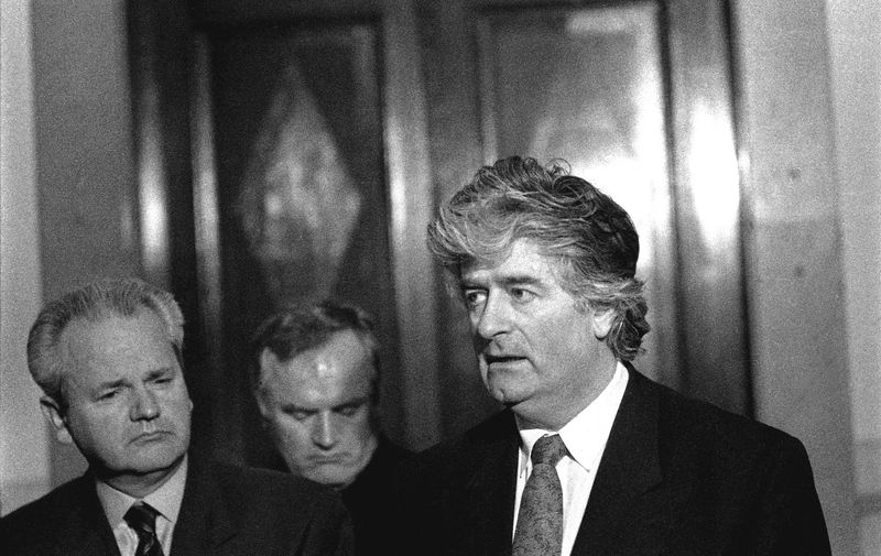 April 1994, Belgrade, Yugoslavia: Press conference at the Presidential Palace with Serb leaders President Slobodan Milosovic, General Ratko Mladic and Radovan Karadzic. On March 11, 2006 Milosevic died in prison at The Hague while facing trial in front of the International Peace Tribunal, for genocide in the Kosovo war. Mladic and Karadzic are wanted by the tribunal to face similar charges and have been in hiding for years.., Image: 18010082, License: Rights-managed, Restrictions: , Model Release: no, Credit line: Profimedia, Polaris