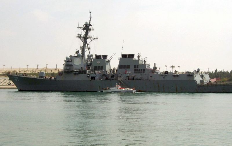 The American destroyer USS Mason (DDG-87) crosses the Suez canal close to the port city of Ismailia, some 120 km northeast of Cairo,  on March 12, 2011. The USS Mason (DDG-87) is the 9th ship of the upgraded (Flight IIA) Arleigh Burke Class of AEGIS Guided Missile Destroyers. AFP PHOTO/STR (Photo by AFP)