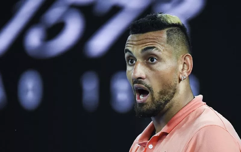 Australia's Nick Kyrgios reacts after a point against Spain's Rafael Nadal during their men's singles match on day eight of the Australian Open tennis tournament in Melbourne on January 27, 2020. (Photo by William WEST / AFP) / IMAGE RESTRICTED TO EDITORIAL USE - STRICTLY NO COMMERCIAL USE