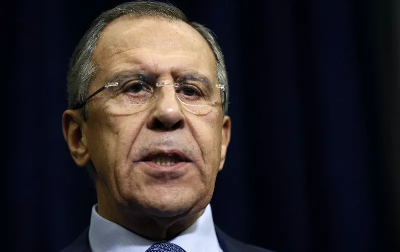 Russian Foreign Minister Sergei Lavrov speaks to the media at the Bocharov Ruchei state residence in Sochi on November 24, 2015. Russian Foreign Minister Sergei Lavrov on November 24 recommended against Russians travelling to Turkey for any reason, citing the threat of attacks. AFP PHOTO / POOL / MAXIM SHIPENKOV / AFP / POOL / MAXIM SHIPENKOV