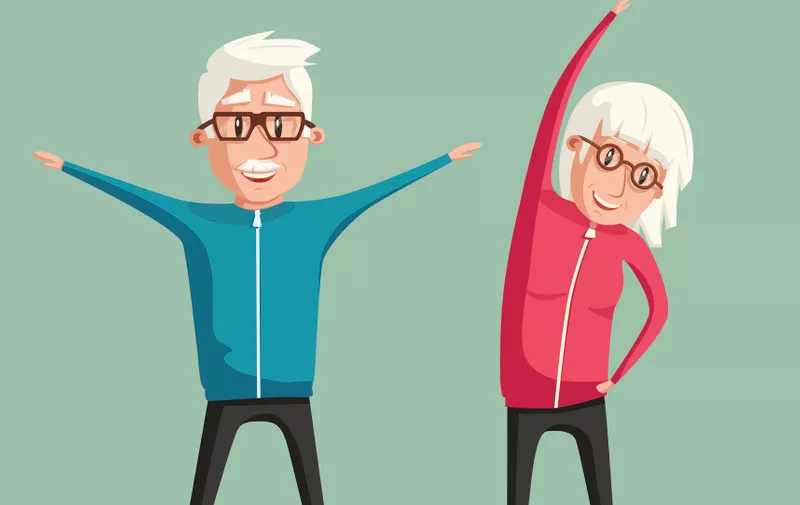 Senior people and gymnastics. Elderly couple. Grandparents doing exercises. Sport. Morning exercises. Cartoon vector illustration