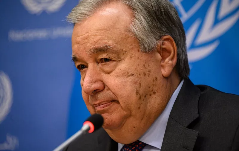 UN Secretary-General Antonio Guterres speaks during a press briefing on climate at UN headquarters in New York on June 15, 2023. Guterres said Thursday the world is racing toward a climate change disaster, and dismissed the global response as woefully inadequate. (Photo by Ed JONES / AFP)
