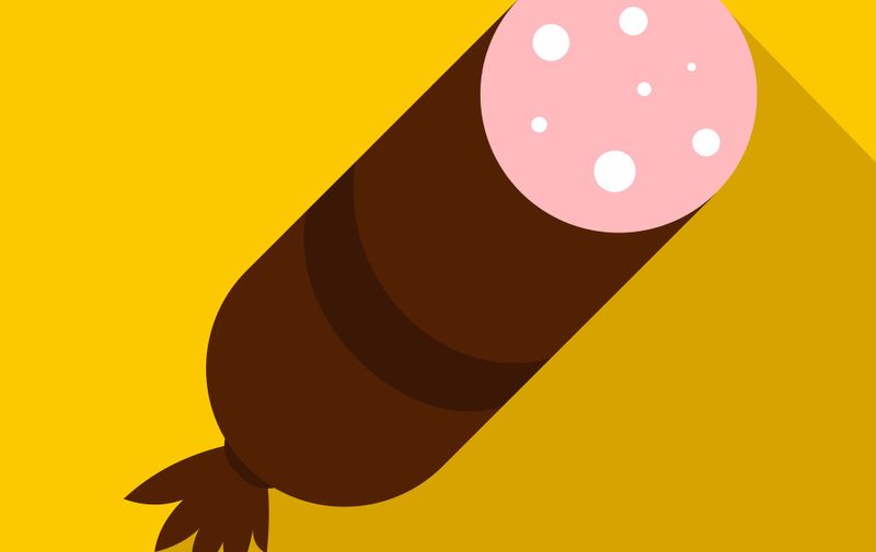Salami sausage icon in flat style on a yellow background, Image: 289291290, License: Royalty-free, Restrictions: , Model Release: no, Credit line: Profimedia, Stock Budget