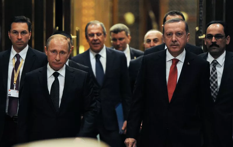 2536296 12/01/2014 December 1, 2014. Russian President Vladimir Putin, second left, and President of Turkey Recep Tayyip Erdogan, second right, before the meeting of the High-Level Russian-Turkish Cooperation Council in Ankara., Image: 212135895, License: Rights-managed, Restrictions: , Model Release: no, Credit line: Profimedia, Sputnik