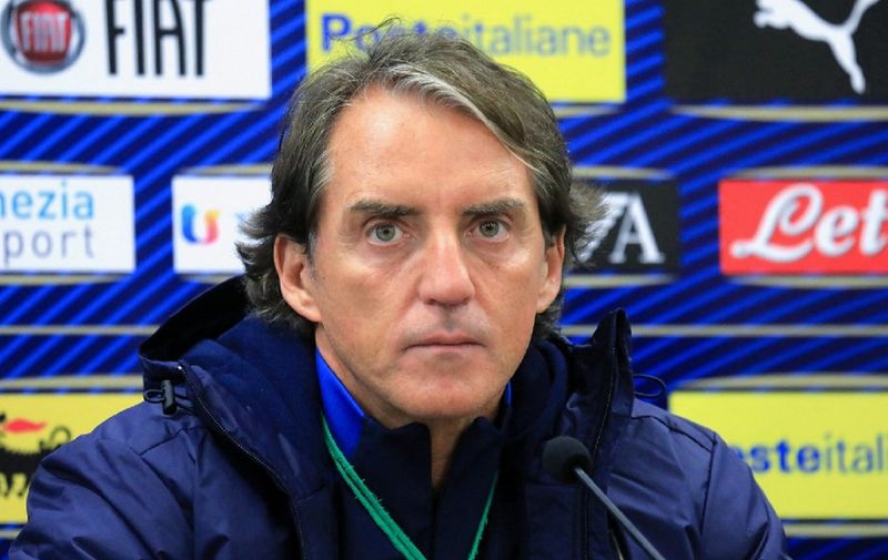 Italy's Head coach Roberto Mancini addresses a press conference on the eve of the FIFA World Cup Qatar 2022 qualification football Lithuania v Italy on March 30, 2021. (Photo by PETRAS MALUKAS / AFP)