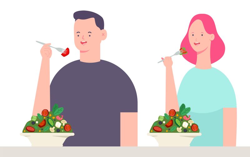 Man and woman eat salad vector illustration.