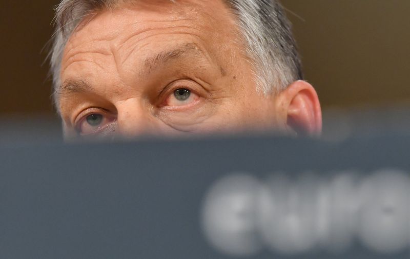 Hungary's Prime Minister Victor Orban addresses a press conference at the end of a European People's Party (EPP) meeting at the European Parliament in Brussels on March 20, 2019.  The Fidesz party of firebrand Hungarian Prime Minister Viktor Orban was hit with a temporary suspension from the European People's Party. Fidesz had faced expulsion after running a controversial billboard campaign that accused European Commission head Jean-Claude Juncker and liberal US billionaire George Soros, a bete-noir of Orban, of plotting to flood Europe with migrants., Image: 420867728, License: Rights-managed, Restrictions: , Model Release: no, Credit line: EMMANUEL DUNAND / AFP / Profimedia