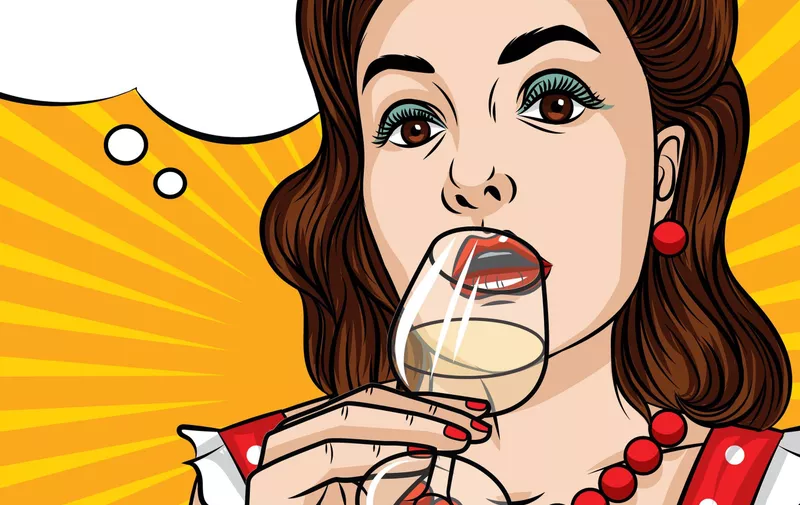 Vector retro illustration pop art comic style of a pretty woman in red dress drinking an alcohol, Image: 368927565, License: Royalty-free, Restrictions: , Model Release: no, Credit line: Profimedia, Stock Budget