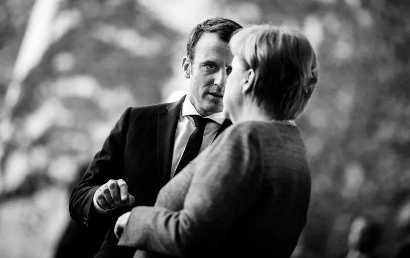 May 15, 2017 - Berlin, Germany: German Chancellor Angela Merkel welcomes French President Emmanuel Macron at the chancellery for talks a day after the new French president took office, succeeding Francois Hollande.,Image: 332419831, License: Rights-managed, Restrictions: , Model Release: no