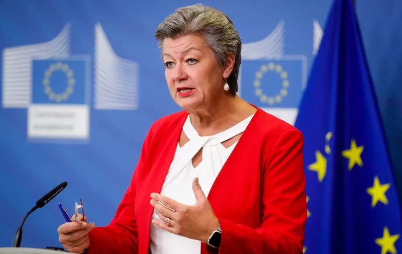 European Commissioner for Home Affairs, Ylva Johansson gives a press conference following the EU High-level Forum on providing protection to Afghans at risk, at the European Commission in Brussels, on October 7, 2021. (Photo by STEPHANIE LECOCQ / POOL / AFP)