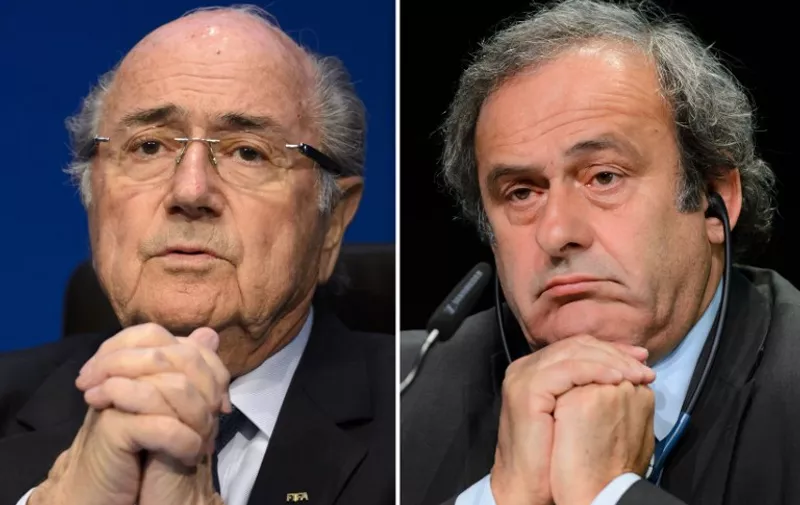 (FILES) a combination of file pictures made on October 29, 2015 shows two pictures showing Fifa president president Sepp Blatter (L) on May 30, 2015 in Zurich, and UEFA leader Michel Platini on May 28, 2015 in Zurich. 
Joseph Blatter, president of the Fifa since 1998 and Michel Platini, president of the UEFA since 2007, were banned on December 21, 2015 by FIFA for eight years. / AFP / STF