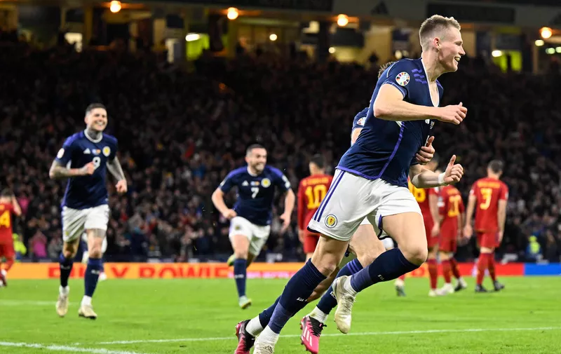 Glasgow, Scotland, 28th March 2023. Scott McTominay of Scotland scores his and Scotland√ïs 2nd goal during the UEFA European Championship, EM, Europameisterschaft Qualifying match at Hampden Park, Glasgow. Picture credit should read: Neil Hanna / Sportimage EDITORIAL USE ONLY. No use with unauthorised audio, video, data, fixture lists, club/league logos or live services. Online in-match use limited to 120 images, no video emulation. No use in betting, games or single club/league/player publications. SPI-2334-0029