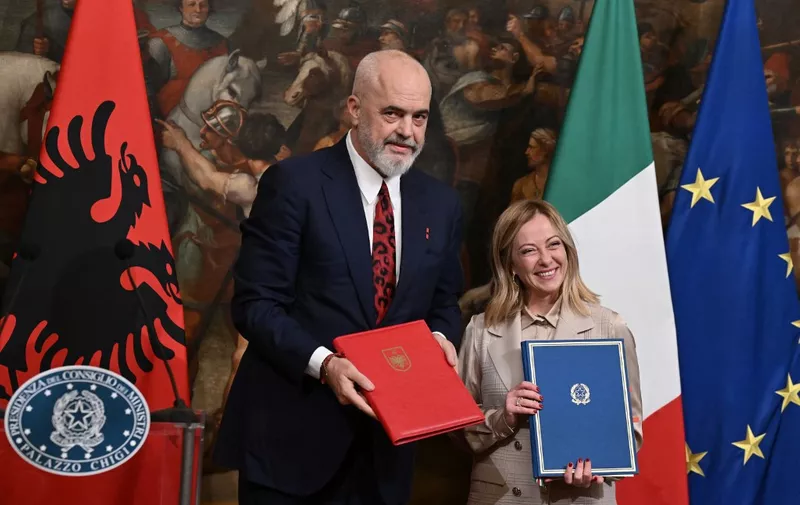Italy's Prime Minister, Giorgia Meloni and Albania's Prime Minister Edi Rama give a joint press conference as they signed an agreement on migrations at Palazzo Chigi in Rome on November 6, 2023. (Photo by Tiziana FABI / AFP)