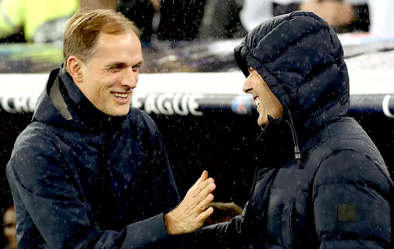 MADRID, SPAIN - NOVEMBER 26: Thomas Tuchel, Manager of Paris Saint-Germain and Zinedine Zidane, Manager of Real Madrid greet each other ahead of the UEFA Champions League group A match between Real Madrid and Paris Saint-Germain at Bernabeu on November 26, 2019 in Madrid, Spain. (Photo by Angel Martinez/Getty Images)