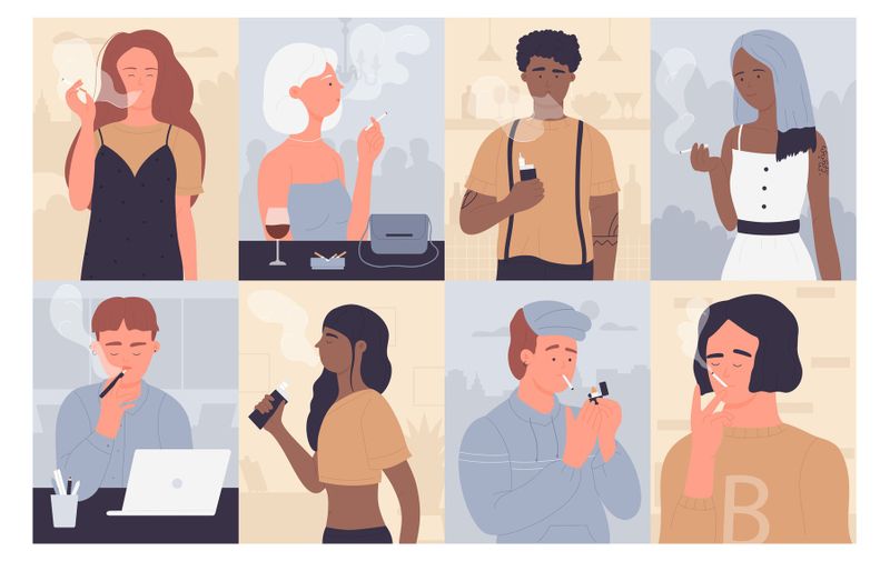 People smoke vector illustration. Cartoon flat young man woman smokers, casual style addicted characters collection of smoking persons, nicotine addicts with cigarette, lighter or vape in hand set,Image: 559142719, License: Royalty-free, Restrictions: , Model Release: no