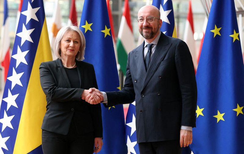 BRUSSELS, BELGIUM - MARCH 20: European Commission President Charles Michel (R) and Chair of the Council of Ministers of Bosnia and Herzegovina Borjana Kristo (L) are seen upon their arrival before their meeting in Brussels, Belgium on March 20, 2023. Dursun Aydemir / Anadolu Agency (Photo by Dursun Aydemir / ANADOLU AGENCY / Anadolu via AFP)