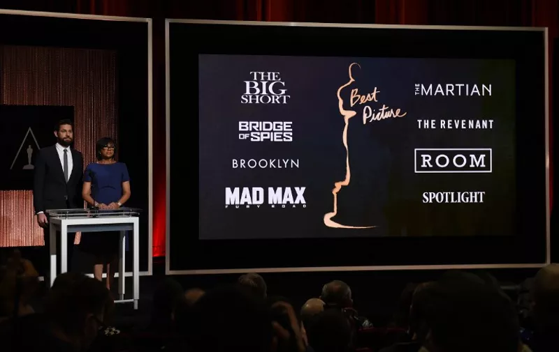 A screen showing the Oscar nominees for Best Picture as announced by actor John Krasinski and Academy President Cheryl Boone Isaacs during the Academy Awards Nominations Announcement at the Samuel Goldwyn Theater in Beverly Hills, California on January 14, 2016.  
The 88th Oscars will be held on February 28 at the Dolby Theatre in downtown Hollywood. / AFP / MARK RALSTON