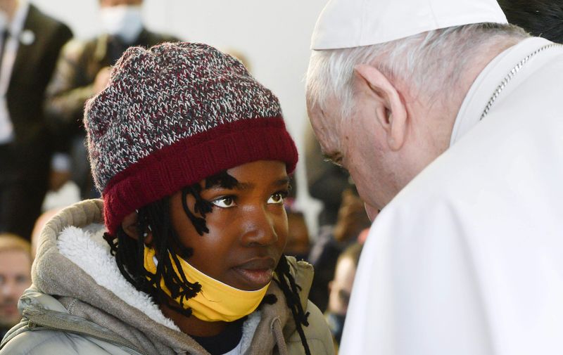 Pope Francis meets migrants and refugees at the Reception and Identification Centre (RIC) in Mytilene on the island of Lesbos on December 5, 2021 on the second day of his three-day Greece trip. Photo: Vatican Media/ABACAPRESS.COM,Image: 646472382, License: Rights-managed, Restrictions: , Model Release: no, Credit line: Profimedia